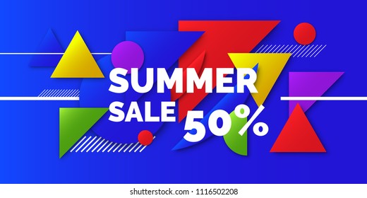 Modern collage of simple geometric shapes. Abstract composition and background for Summer sale poster. Vector illustration.