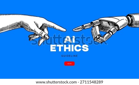 Modern collage of sketch halftone human hand touching robots hand. Fight between human and artificial intelligence. Stop AI message, ethics, legal concept. Vector hand drawn illustration