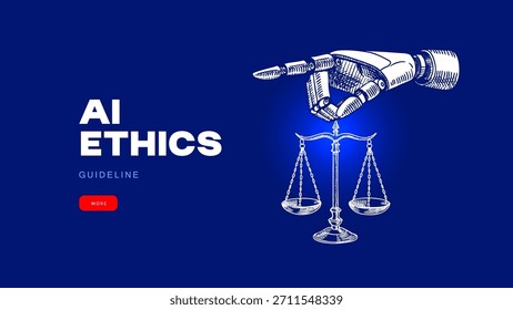 Collage moderno de bocetos de robots semitonos escalas de mano y ley. Regulación de inteligencia artificial. Detengan el mensaje de IA, la ética, el concepto legal. Vector dibujado a mano ilustración