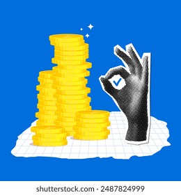 Modern collage with stacks of coins and halftone hand showing ok sign. Sales growth concept. High sales figures. Good statistics. Newspaper halftone elements. Financial success