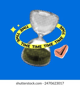 Modern collage. Time management. Halftone hourglass and check mark. Deadline concept. Sand glass clock.Trendy newspaper elements.