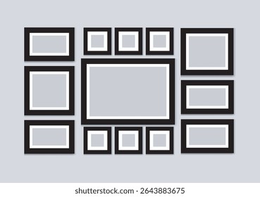  Modern Collage of Twelve Black Picture Frames with White Borders on Light Gray Background for Photo or Art Display
