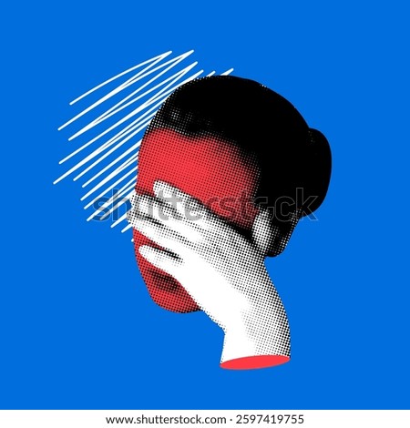 Modern collage. Work burnout. Woman has a headache. Tired stressed woman. Exhausted busy young lady. Woman covers her face with her hand. Emotions of shame, anger and disappointment