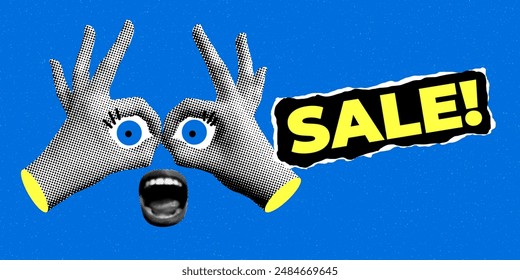 Modern collage with wow pop art face. Sale banner with torn paper elements, halftone hands, screaming mouth. Trendy newspaper parts. Banner to attract attention with surprised face