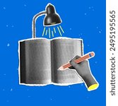 Modern collage with writing hand, book and table lamp. Concept of learning, study, knowledge. Halftone hand holding a pencil. Back to school illustration. Trendy newspaper cut out elements