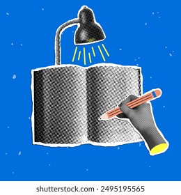 Modern collage with writing hand, book and table lamp. Concept of learning, study, knowledge. Halftone hand holding a pencil. Back to school illustration. Trendy newspaper cut out elements