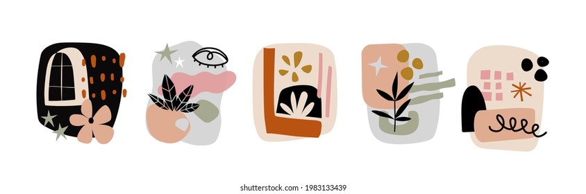 Modern collages set. Various doodle shapes, abstract objects, botanical elements, trendy geometric forms leaves and flowers. Contemporary hand drawn vector scribbles primitive style