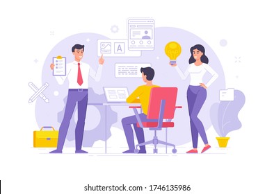 Modern colleagues sharing ideas in office vector illustration. Flat contemporary workers offering creative ideas and browsing data on laptop while working on project in workplace together