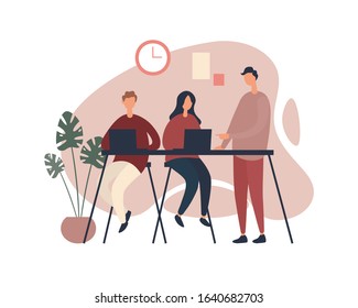 Modern colleagues working on project together. Man in casual clothes instructing male and female coworkers with laptops in project details while working in contemporary creative workspace together