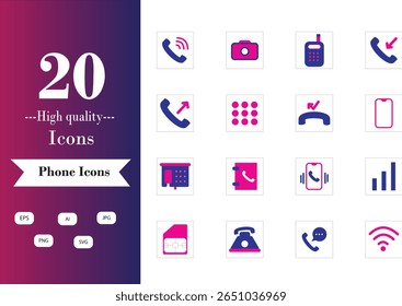 A modern collection of 20 high-quality phone-related icons, designed with bold colors and clean lines. Perfect for apps, websites, and UI projects.