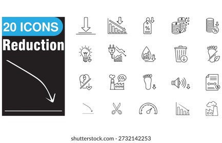 Coleção moderna de 20 ícones de linha de redução que representam menor consumo, economia de energia, redução de custos, redução de resíduos e eficiência ecológica. Perfeito para projetos de sustentabilidade, campanhas ambientais, infográficos de negócios e gerenciamento financeiro. Ideal para uso em design, Web, impressão e apresentação. Ícones de vetor de traçado limpos e editáveis para designs profissionais verdes e econômicos.