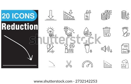 Modern collection of 20 reduction line icons representing lower consumption, energy saving, cost cutting, waste reduction, and eco efficiency. Perfect for sustainability projects, environmental campaigns, business infographics, and financial management. Ideal for design, web, print, and presentation use. Clean, editable stroke vector icons for professional green and economic designs.
