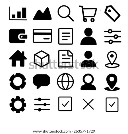 A modern collection of 25 flat icons. Includes map pins, profile avatars, check marks, settings, wallet, home, globe, and shopping cart. Ideal for digital apps, dashboard