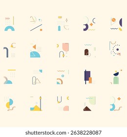 A modern collection of abstract geometric compositions in minimalist and pastel styles. Includes line art shapes such as circles, arcs, triangles, and decorative motifs—ideal for presentations
