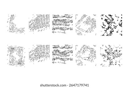 Uma coleção moderna de padrões de linha abstratos e texturas com gráficos de dispersão dinâmicos, fluxos curvos, para uso em interfaces tecnológicas, visualizações de dados, planos de fundo e projetos criativos.