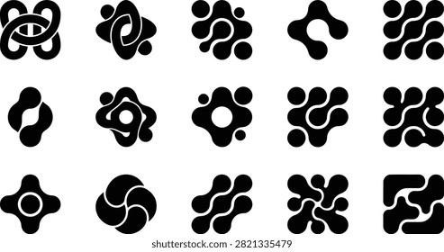 A modern collection of abstract organic logo marks featuring fluid geometric forms, rounded shapes, negative space compositions, and bold monochrome styling. This minimalist vector icon set combines biomorphic curves with modular design principles, creating versatile symbols suitable for branding, technology, AI startups, creative agencies, mobile apps, software products, and corporate identity systems. Designed with clean black silhouettes and balanced compositions, these scalable vector graphics are ideal for logos, UI elements, presentations, packaging, websites, print materials, and digital branding projects.