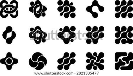 A modern collection of abstract organic logo marks featuring fluid geometric forms, rounded shapes, negative space compositions, and bold monochrome styling. This minimalist vector icon set combines biomorphic curves with modular design principles, creating versatile symbols suitable for branding, technology, AI startups, creative agencies, mobile apps, software products, and corporate identity systems. Designed with clean black silhouettes and balanced compositions, these scalable vector graphics are ideal for logos, UI elements, presentations, packaging, websites, print materials, and digital branding projects.