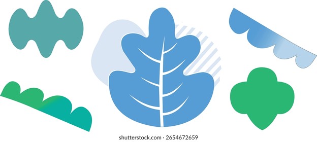 A modern collection of abstract vector shapes featuring organic forms, a stylized leaf, and decorative design elements in blue and green tones. Perfect for use in contemporary graphic design, web