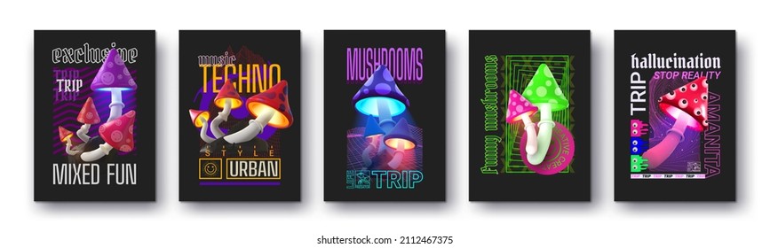 Modern collection of acid abstract posters in the style of Techno, Rave music with neon funny fly agaric mushrooms bright psychedelics. Print for clothing sweatshirts and t-shirts isolated background