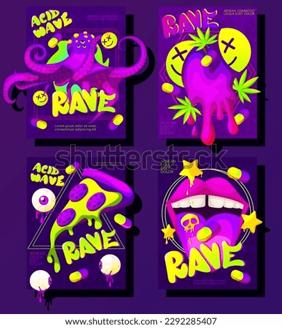 Modern collection of acid abstract posters in the style of Techno. Rave trip banners with psychedelic illustrations