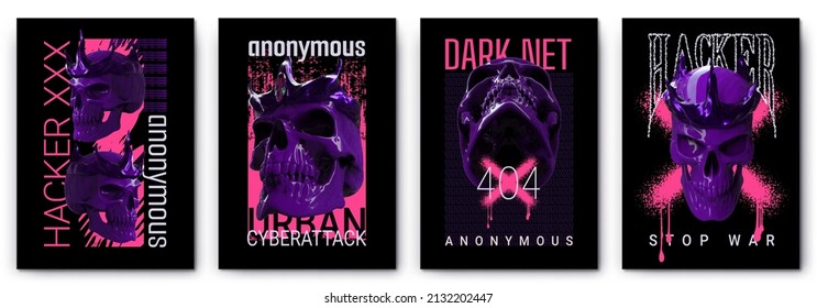 Modern collection of acid posters hacker anonymous stop war in the style of Techno, Rave music with neon funny bikers skull rock punk psychedelics. Print for clothing sweatshirts and t-shirts isolated