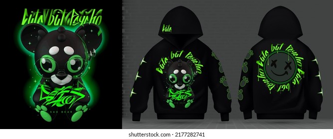 Modern Collection Of Acid Print. Cute But Psycho. Emo Teddy Bear Cute Eyes With Glasses Emotions Techno Style, Rave Music With Neon 3d Realistic Psychedelic Street Art Graffiti Print For Hoodie