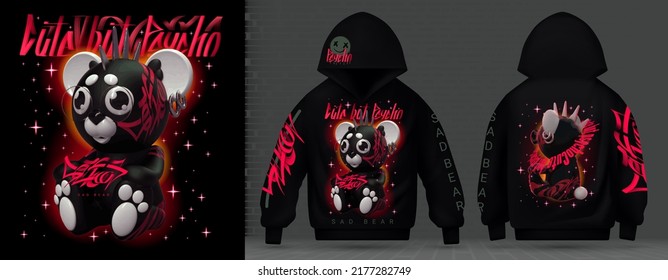 Modern collection of acid print. Cute but psycho. Punk Teddy bear with mohawk in techno style, rave music with neon 3d realistic psychedelic red cool star. Street art graffiti print for hoodie vector