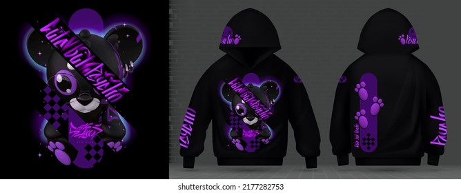 Modern collection of acid print. Cute but psycho. Emo Teddy bear violet techno style, rave music with neon 3d realistic psychedelic footprints star. Street art graffiti print for hoodie vector