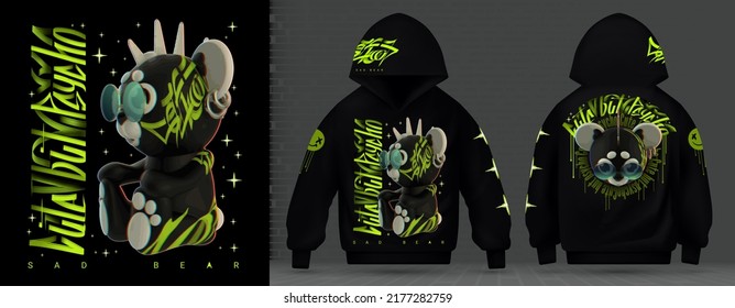 Modern collection of acid print. Cute but psycho. Punk Teddy bear with mohawk in techno style, rave music with neon 3d realistic psychedelic green. Street art graffiti print for hoodie vector