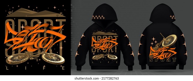 Modern collection of acid print. Gold BMX bicycle among the stars techno style, rave music with neon 3d realistic. Front and back design. Street art graffiti print for sweatshirt with a hood vector