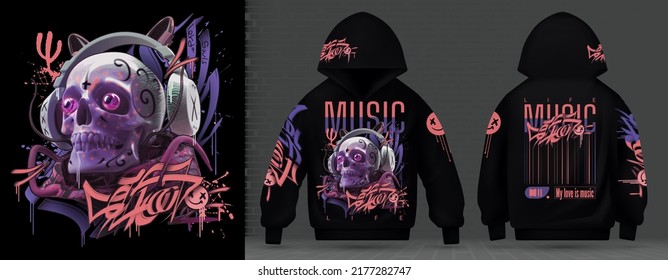 Modern collection of acid print skull in headphones with cute ears in techno style, rave music with neon 3d realistic psychedelic.The day of the Dead. Street art graffiti print for hoodie vector