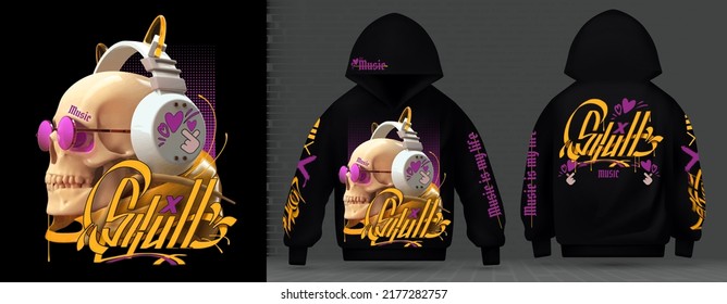 Modern collection of acid print. Skull with pink glasses and K-pop headphones techno style, rave music with neon 3d realistic. Front and back design. Street art graffiti print for sweatshirt vector