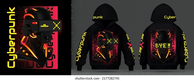 Moderne Kollektion von saurem Druck. С Yberpunk Techno Stil, Rave Musik mit Neon 3d realistisch. Technologie der zukünftigen virtuellen Realität mit Gipsköpfen Street Art Graffiti-Druck für Hoodie-Vektorgrafik