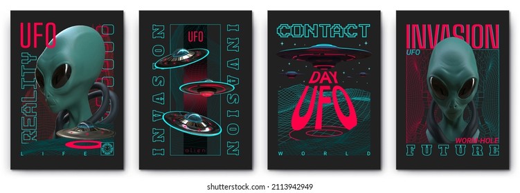Colección moderna de afiches de OVNI ácidos al estilo de Techno, música Rave con psicodelics extraterrestre realista en neón 3d. Día Mundial del OVNI. Imprimir para sudaderas de ropa y camisetas fondo aislado