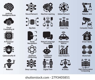 Modern collection of artificial intelligence and advanced technology icons representing innovation and futuristic concepts