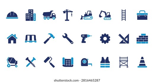 Modern collection of bicolor vector icons for construction engineering architecture and building equipment including tools heavy machinery site safety and planning.