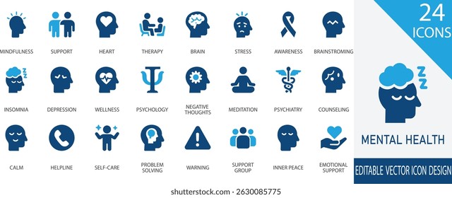 A modern collection of black vector icons representing key mental health concepts, including therapy, self-care, emotional support, mindfulness, awareness, brain wellness, and more. 