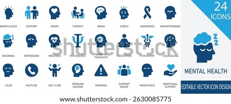 A modern collection of black vector icons representing key mental health concepts, including therapy, self-care, emotional support, mindfulness, awareness, brain wellness, and more. 