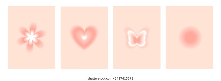 Modern collection of the blurry aura gradient shapes backgrounds in y2k style.  Planet, heart, butterfly, flower posters in pastel colors. Vector   