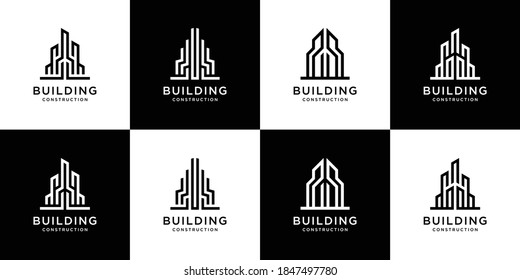 Colección moderna de conjuntos arquitectónicos de edificios, logotipos inmobiliarios