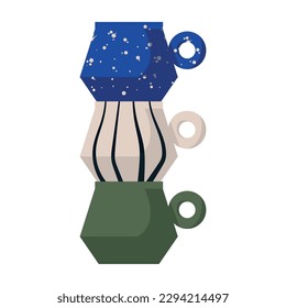 Modern collection ceramic cups, mug with abstract various doodle shapes and lines. Minimalist antique ceramic pottery, clay for interior set. Vector illustration isolated on background