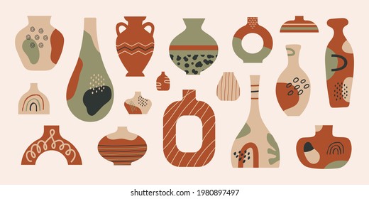 Modern collection  ceramic vases with abstract  various doodle shapes and lines. Minimalist antique ceramic pottery for interior. Vector illustration