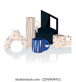 Modern collection ceramic vases and cups, mug with abstract various doodle shapes and lines. Minimalist antique ceramic pottery, clay for interior set. Vector illustration isolated on background