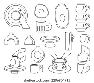 Modern collection ceramic vases and cups, mug with abstract decore. Minimalist antique ceramic pottery, clay studio, workshop, class, tools set. Vector outline illustration isolated on background