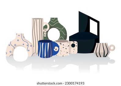 Modern collection ceramic vases and cups, mug with abstract various doodle shapes and lines. Minimalist antique ceramic pottery, clay for interior set. Vector illustration isolated on background