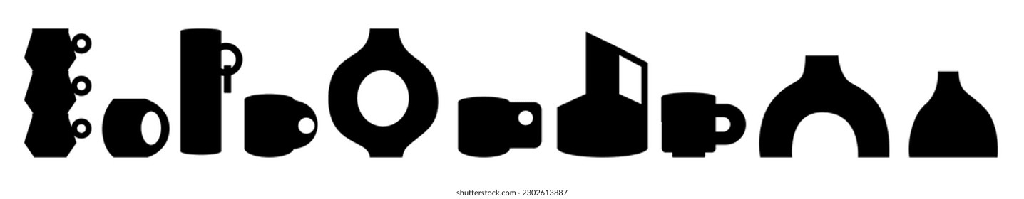 Modern collection ceramic vases and cups, mug silhouette with abstract various doodle shapes and lines. Minimalist antique ceramic pottery, clay for interior set. Vector illustration isolated on backg