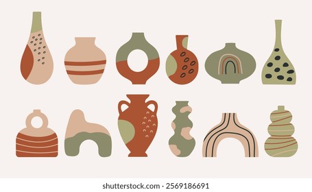 Modern collection ceramic vases, pots and jugs in silhouette. Minimalist antique ceramic pottery for interior. Vector illustration