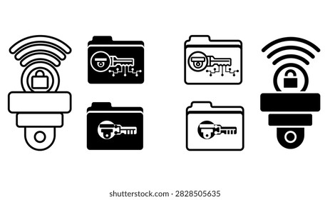A modern collection of cybersecurity icons including concepts of wireless video surveillance encrypted folders digital keys secure access and data protection for applications networks and cloud system