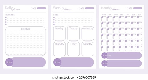 Modern collection of daily weekly monthly planner printable template with purple ellements. Collection of note paper, to do list, stickers templates. Blank white notebook page A4. Pastel colors