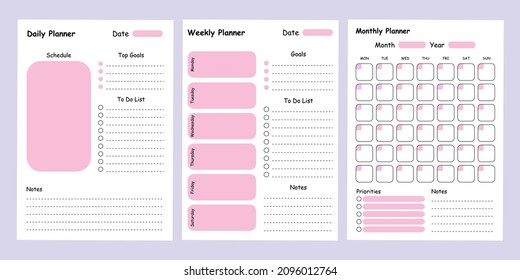 Modern collection of daily weekly monthly planner printable template with pink ellements. Collection of note paper, to do list, stickers templates. Blank white notebook page A4